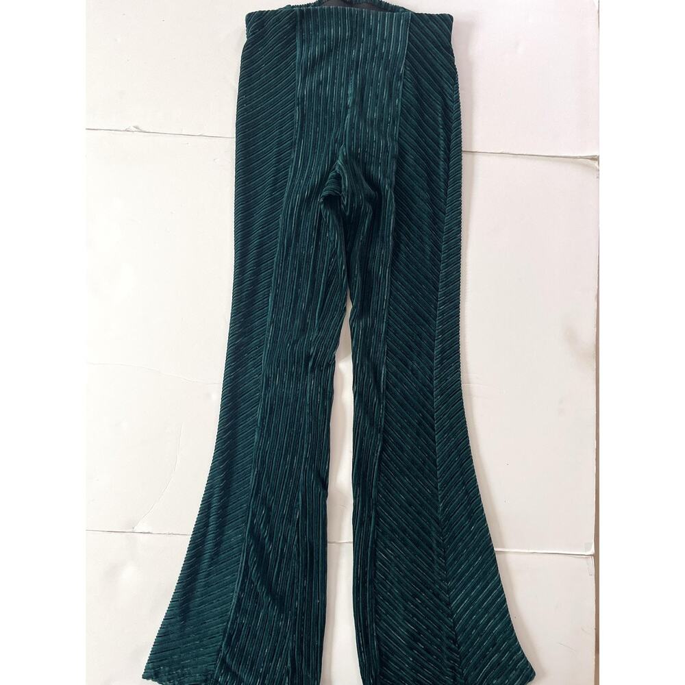 Free People Pants Women S Green Velour Flare Leg Pull On Elastic Waist Y2K